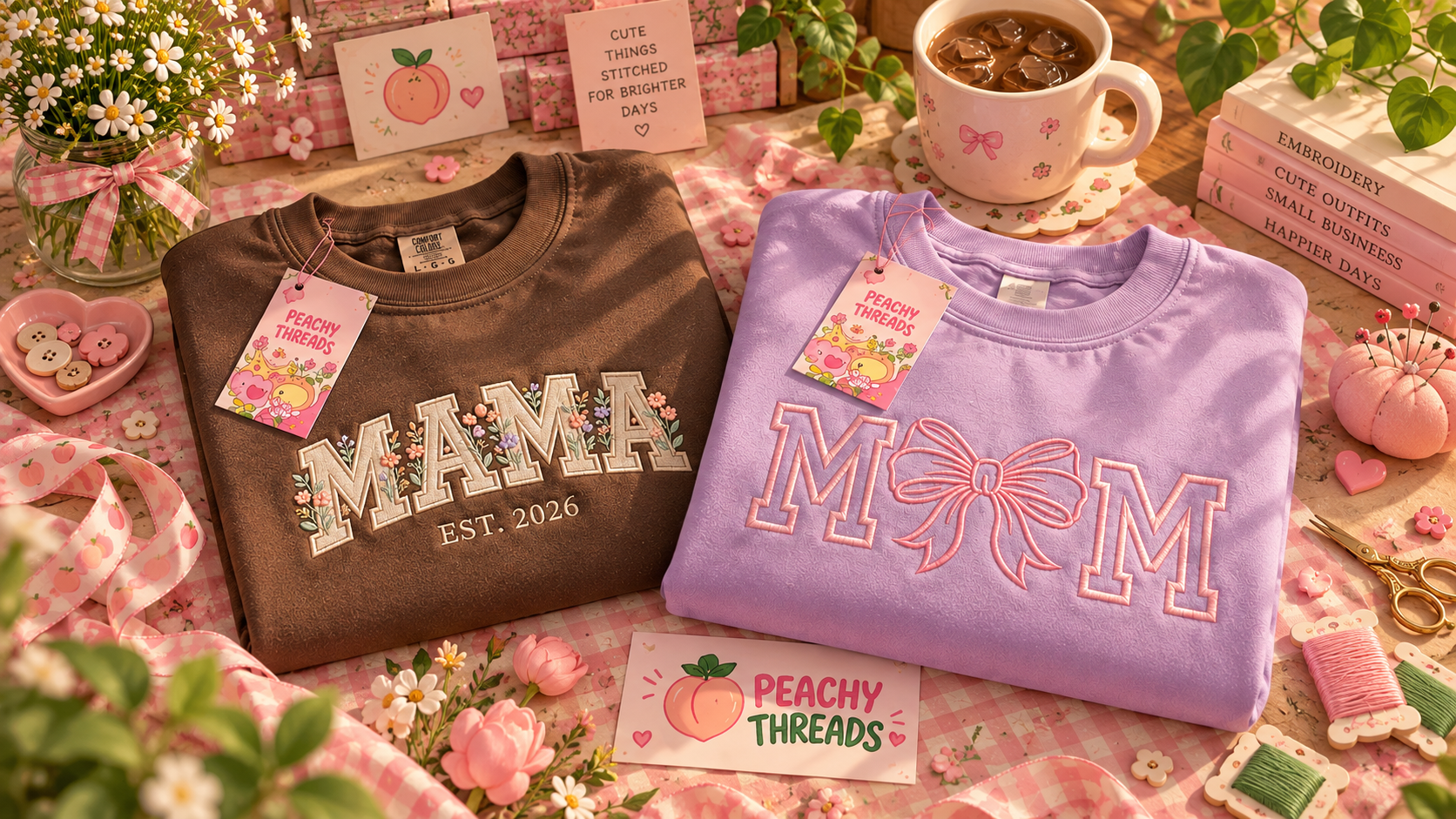 Peachy Threads embroidered MAMA and MOM sweatshirts