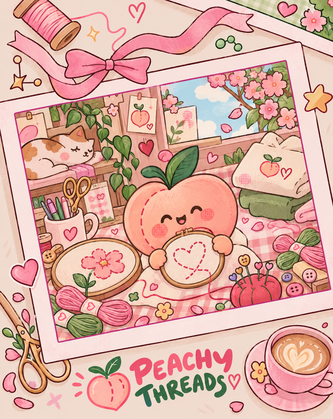 Peachy Threads peach character embroidering a heart in a craft studio